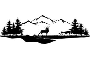 Eine stilisierte Landschaft mit Bergen, Tannen und Wildtieren. Im Vordergrund sind ein Hirsch und Rehe zu sehen.