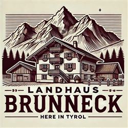 Ein traditionelles Landhaus mit Balkon und blühenden Pflanzen, umgeben von majestätischen Bergen. Der Schriftzug „Landhaus Brunnneck“ hebt die Tiroler Lage hervor.