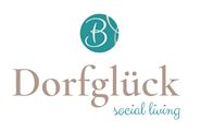 A stylish logo featuring the lettering "Dorfglück" and the addition "social living". The colors are designed to be elegant and modern.