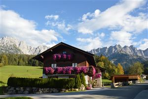 Ein charmantes Holzhaus mit bunten Blumen an den Fenstern, umgeben von grünen Wiesen. Im Hintergrund erheben sich majestätische Berge unter einem blauen Himmel.