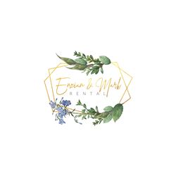 An elegant logo featuring the inscription "Emmian & Mark Rental". Surrounded by green leaves and flowers in soft colors.