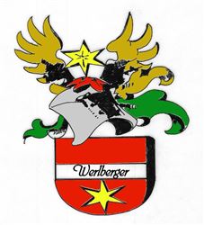 Ein Wappen mit einem roten Schild, darauf steht der Name "Werlberger". Darüber sind goldene Adler und ein Stern abgebildet, umgeben von grünen Verzierungen.