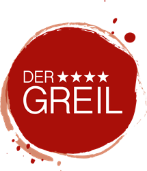 Ein Logo mit dem Namen "DER GREIL" in großen, weißen Buchstaben und vier Sternen. Der Hintergrund ist rot mit einem kreisförmigen Farbklecks.