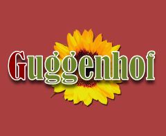 Ein leuchtendes Sonnenblumenmotiv mit dem Text "Guggenhof". Der Hintergrund ist rot, was einen schönen Kontrast bildet.