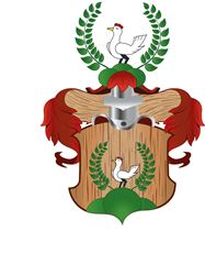 Ein Wappen mit einem Holzschild, der eine weiße Taube und grüne Lorbeerblätter zeigt. Darüber ist eine stilisierte Taube in einem Kranz aus Blättern abgebildet.