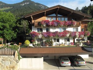 A charming wooden house with colorful flowers on the balcony and a beautiful mountain landscape in the background. In front of the house, two cars are parked in a garage.