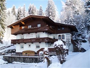 A picturesque wooden house in the snow, surrounded by snow-covered trees. The clear sky and the tranquil landscape create a cozy winter atmosphere.