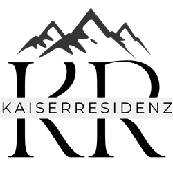 Ein minimalistisches Logo mit einer stilisierten Bergsilhouette über dem Schriftzug "KAISERRESIDENZ". Die Farben sind schwarz und weiß, was einen eleganten Eindruck vermittelt.
