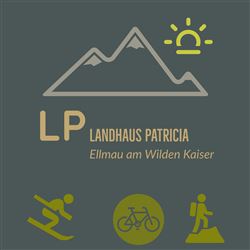 Ein stilisiertes Logo mit Bergen und Symbolen für Wintersport, Radfahren und Wandern. Der Text beschreibt das Landhaus Patricia in Ellmau am Wilden Kaiser.