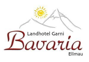 Ein Logo des Landhotels Garni Bavaria in Ellmau. Es zeigt stilisierte Berge und eine Sonne.