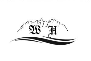 A minimalist logo featuring the letters W and H. In the background, stylized mountains and a wave can be seen.