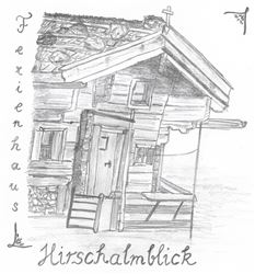 Eine skizzenhafte Darstellung eines Holzhauses mit dem Schriftzug "Ferienhaus Hirschalmblick". Das Haus hat eine rustikale Architektur und einen gemütlichen Eingang.