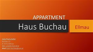 Eine Anzeige für ein Apartment namens "Haus Buchau" in Ellmau. Die Kontaktinformationen sind ebenfalls aufgeführt.