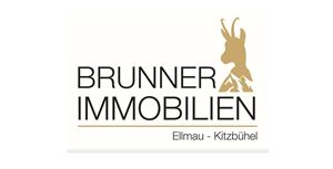 Ein Logo von Brunner Immobilien, das den Schriftzug "Brunner Immobilien" und die Standorte Ellmau und Kitzbühel zeigt. Es ist in einem eleganten Design mit einem stilisierten Geweih dargestellt.
