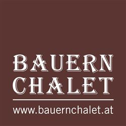 The image shows the logo of "Bauern Chalet" on a brown background. The website address is also provided.
