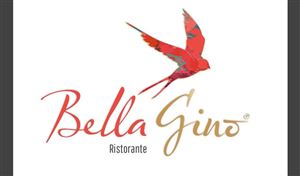 Einfarbiges Logo für das Restaurant "Bella Gino". Es zeigt einen stilisierten Vogel in Rot und goldener Schrift.