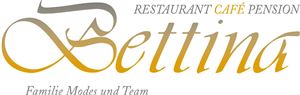 Das Logo von "Bettina" präsentiert ein Restaurant, Café und Pension. Es betont die familiäre Atmosphäre und das Team.