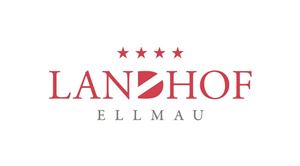 Das Logo von Landhof Ellmau zeigt vier Sterne und den Namen in einer stilvollen Schrift. Die Farben Rot und Grau dominieren das Design.