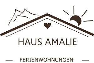Ein stilisiertes Logo von "Haus Amalie" mit Bergen und einer Sonne. Es ist mit der Bezeichnung "Ferienwohnungen" versehen.