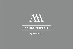 Ein minimalistisches Logo für "Going Triple A Apartments". Die Farben sind Grau und Weiß, was ein modernes und elegantes Design vermittelt.