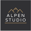 A simple logo with the text "ALPEN STUDIO". It features a stylized mountain silhouette on a dark background.
