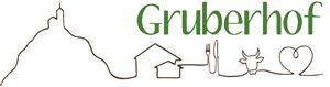 Ein Logo mit dem Schriftzug "Gruberhof". Es zeigt Silhouetten von einem Berg, einem Haus und landwirtschaftlichen Elementen.