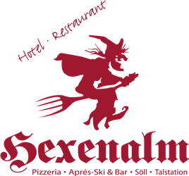 Ein Logo von "Hexenalm", das eine Hexe mit einem Besen zeigt. Es handelt sich um ein Restaurant und Hotel, das Pizzas und Après-Ski-Angebote in Söll anbietet.