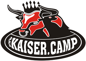 A logo featuring two stylized heads of cattle in black, red, and white. Below it, the text reads "www.KAISER.CAMP".