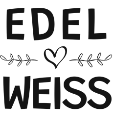 Ein stilvolles Design mit den Worten "EDEL" und "WEISS" sowie einem Herz und dekorativen Blättern. Die Schrift ist in einem handgezeichneten Stil gehalten.