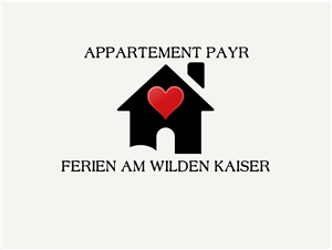 Ein symbolisches Logo eines Ferienapartments. Das Design zeigt ein Haus mit einem roten Herz und dem Schriftzug „Appartement Payr – Ferien am Wilden Kaiser“.