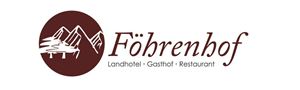 Ein Logo des Föhrenhofs, einem Landhotel mit Gaststätte und Restaurant. Es zeigt stilisierte Bäume und Berge in einer einfachen, eleganten Schriftart.