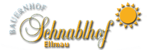 Ein Logo des Bauernhofs Schnablhof in Ellmau. Darauf sind Sonnensymbole und der Schriftzug in ansprechendem Design.