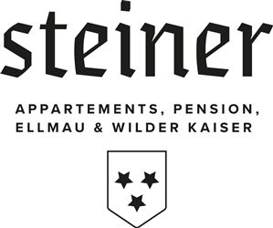 Das Logo von Steiner zeigt den Schriftzug und betont die Appartements sowie die Pension in Ellmau und Wilder Kaiser. Es enthält auch ein Wappen mit drei Sternen.
