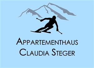 Ein Logo für das Appartementhaus Claudia Steger. Es zeigt einen Skifahrer und Berglandschaften auf einem hellblauen Hintergrund.