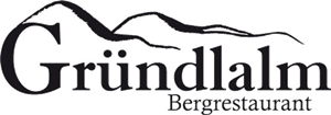 A logo of the mountain restaurant Gründlalm. It features stylized mountains above the lettering.
