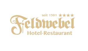 An elegant logo of the hotel restaurant Feldwebel. It showcases the name in cursive lettering and highlights the star rating.
