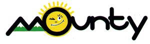 Ein fröhliches Logo mit Sonne und Berg, das die Marke "Mounty" repräsentiert. Die Farben sind lebhaft und einladend.