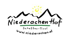 A logo of the Niederachenhof in Scheffau-Tirol. It features stylized mountains, a sun, and the website link.