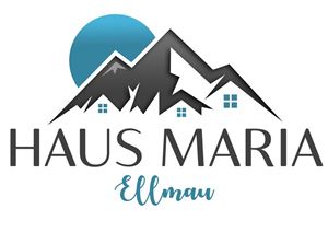 Ein modernes Logo mit den Bergen und einem blauen Kreis. Der Schriftzug „Haus Maria Ellmau“ ist gut lesbar und ansprechend gestaltet.