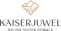Ein elegantes Logo für Kaiserjuwel, Deluxe Suiten Seiwald. Es zeigt eine stilisierte Diamantform in Gold und moderne Schriftzüge.