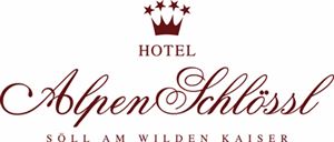 The image shows the logo of the AlpenSchlössl hotel in Söll am Wilden Kaiser. It is elegantly designed with a crown and the lettering in a stylish design.