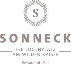 The Sonneck logo features the name in elegant lettering. It represents a restaurant and bar at the Wilden Kaiser.
