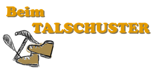 Ein Logo mit dem Schriftzug "Beim TALSCHUSTER" in einer auffälligen Schrift. Es zeigt auch eine Illustration von einem Schuh und Pflanzen.