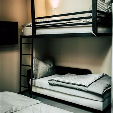 A modern bedroom with a bunk bed and a sofa bed. The walls are neutral, and the lighting is warm and inviting.