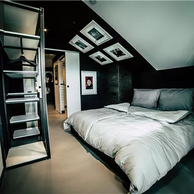 A modern bedroom with a large bed and minimalist decor. There is a ladder and several pictures on the wall.