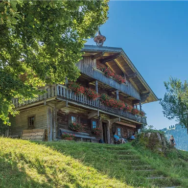 Ein charmantes Holzhaus mit einem Balkon und blühenden Pflanzen. Es liegt idyllisch umgeben von grünen Wiesen und Bergen.