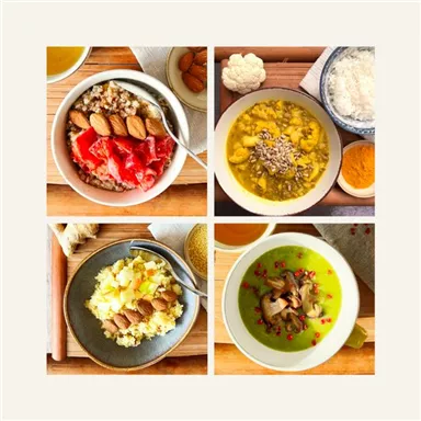 Diverse healthy dishes in four bowls. Top left a bowl of oatmeal with almonds, right a golden soup, bottom left a dish with cauliflower, and bottom right a green soup with mushrooms.