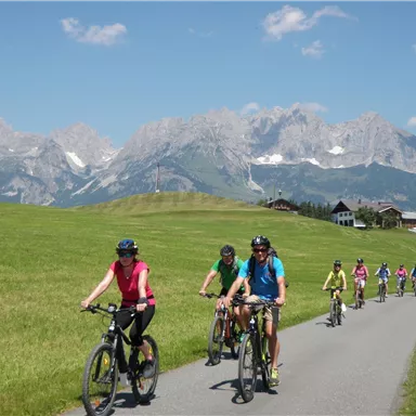A group of cyclists rides along a picturesque path through green meadows with impressive mountains in the background. The sky is clear and sunny.