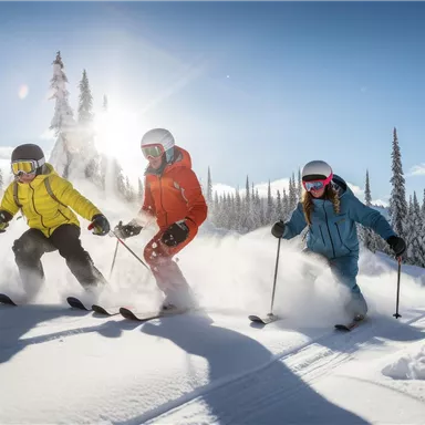 Three skiers in colorful gear are skiing through fresh powder snow. In the background, the snow-covered trees shine under a radiant blue sky.