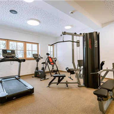 A modern gym with various equipment such as a treadmill, strength station, and dumbbells. Large windows provide natural light.